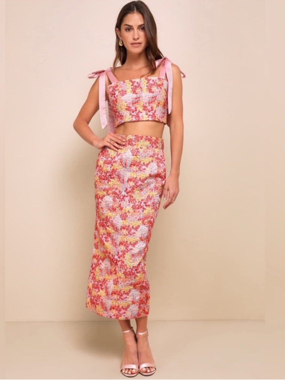 Lulus Ellarina Floral Pink Tie Top and Midi Skirt Set
